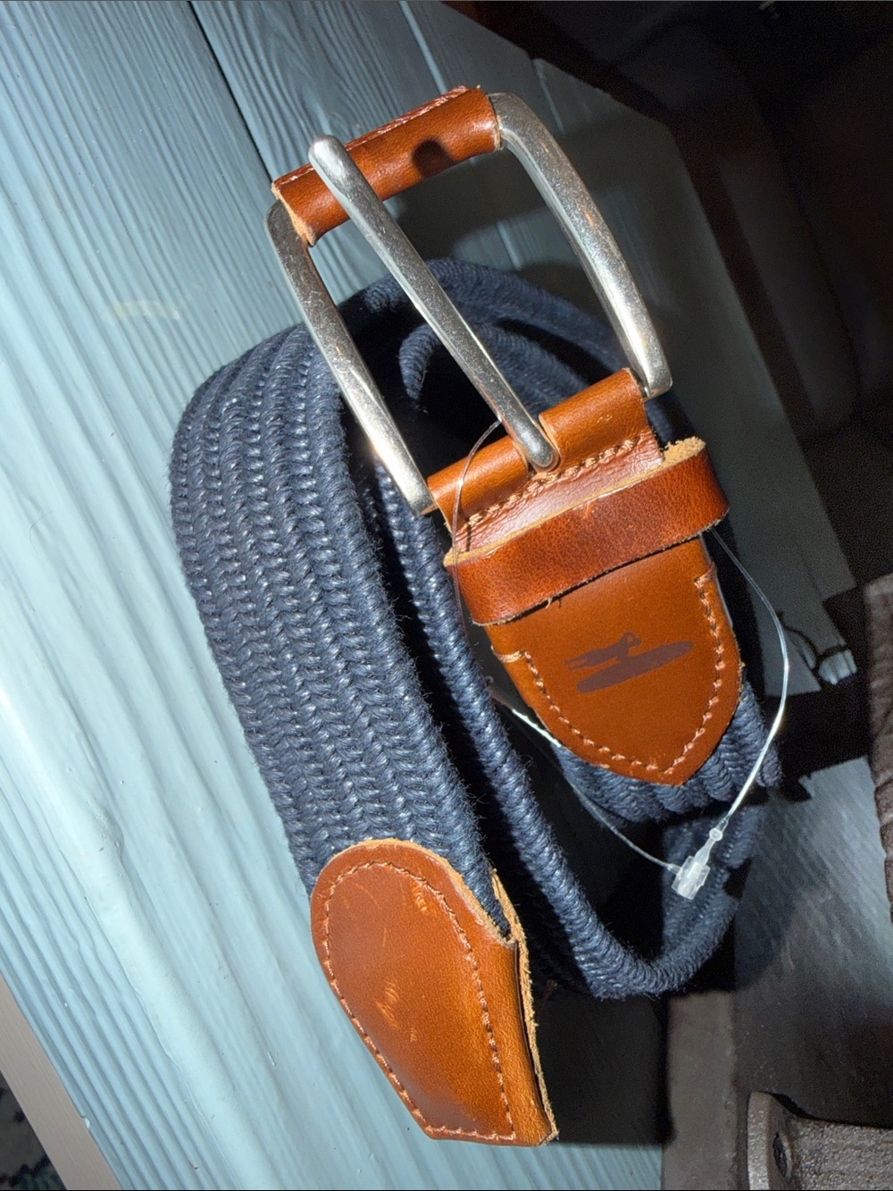 johnnie-O Navy Woven Belt with Brown Leather Trim